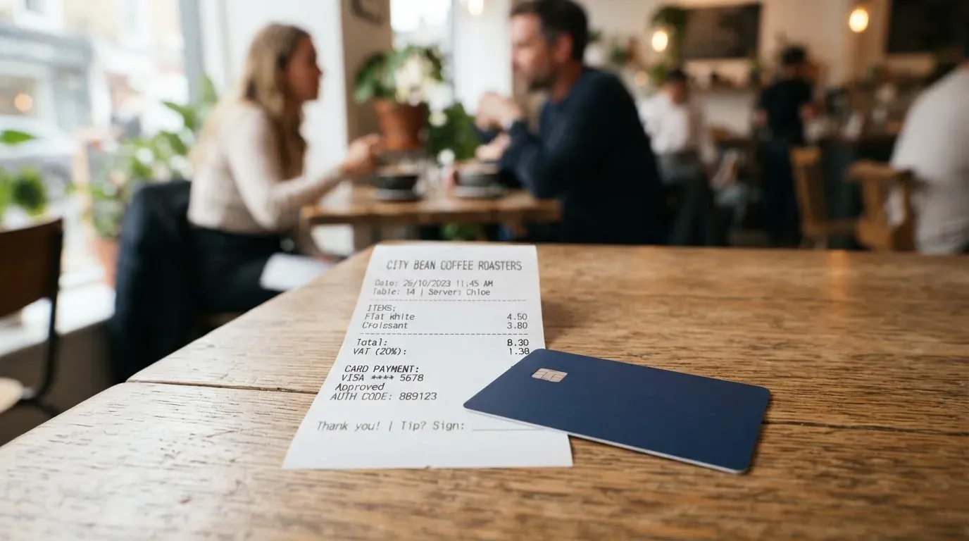 A receipt and a card on a café table