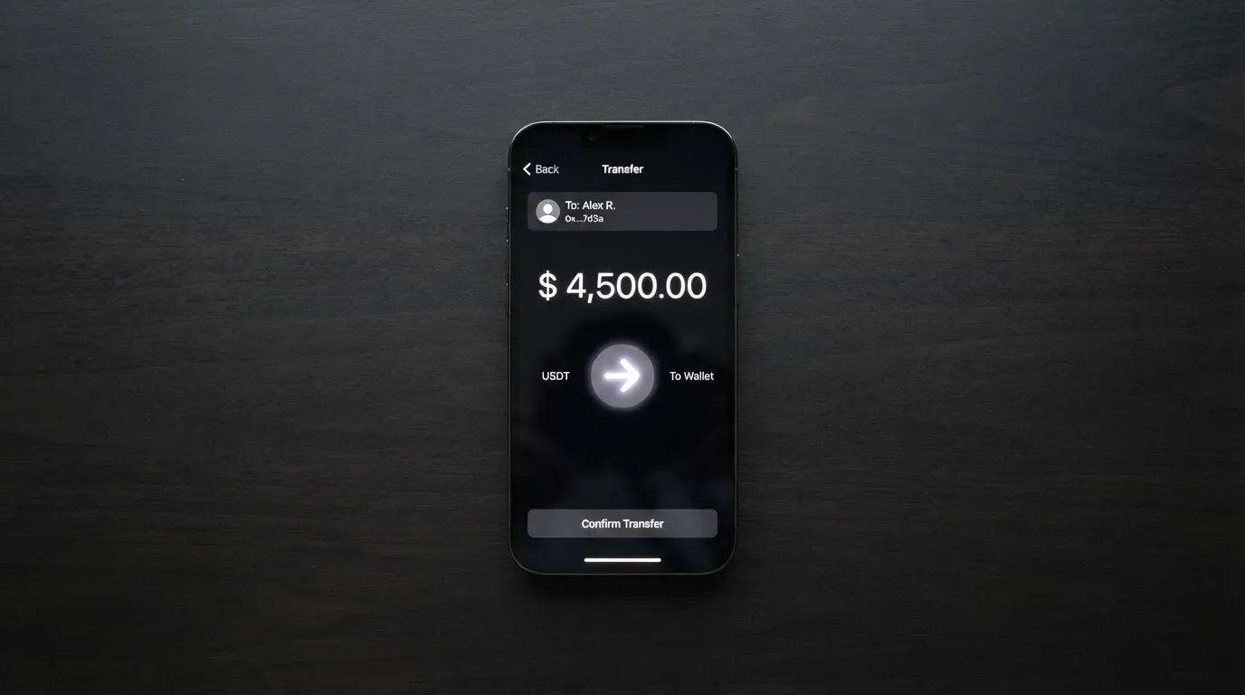A phone showing a stablecoin transfer screen