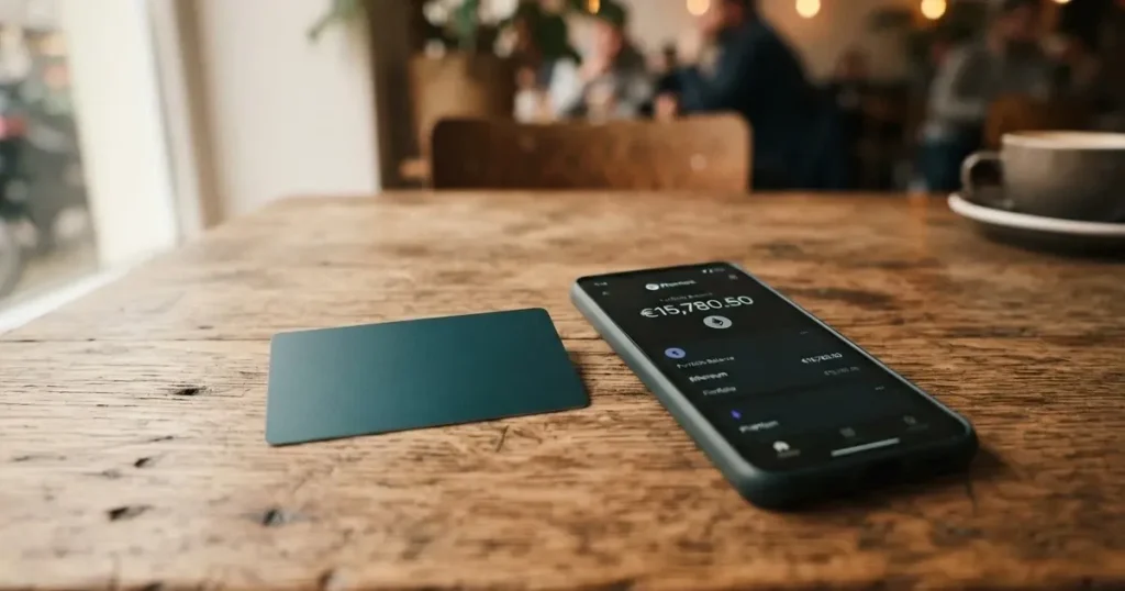A payment card next to a phone with a crypto wallet app open