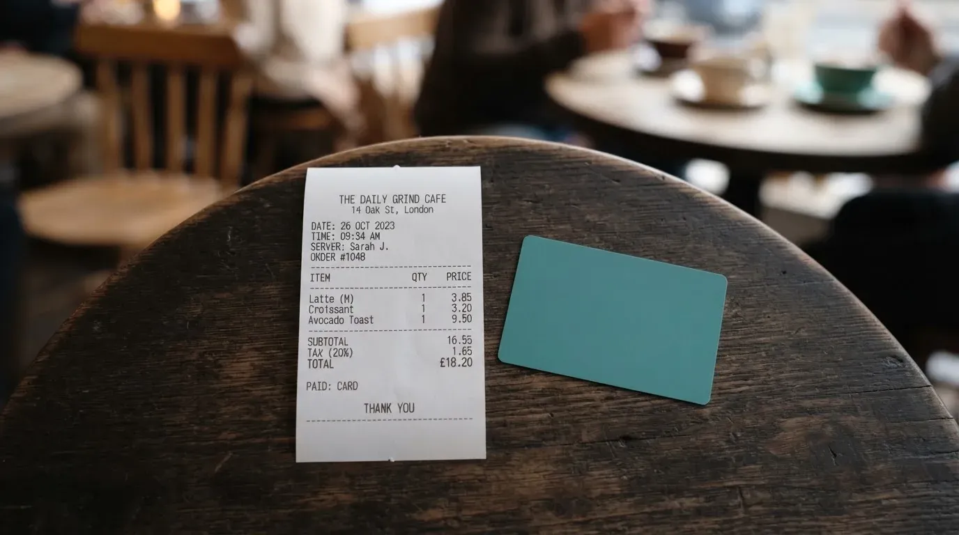 A receipt and a card on a café table