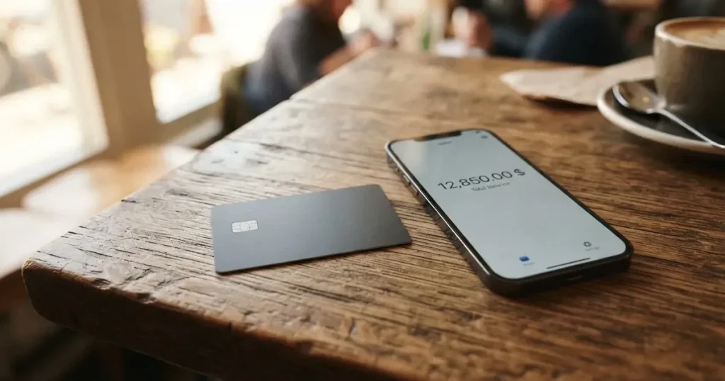 A payment card next to a phone with a crypto wallet app open