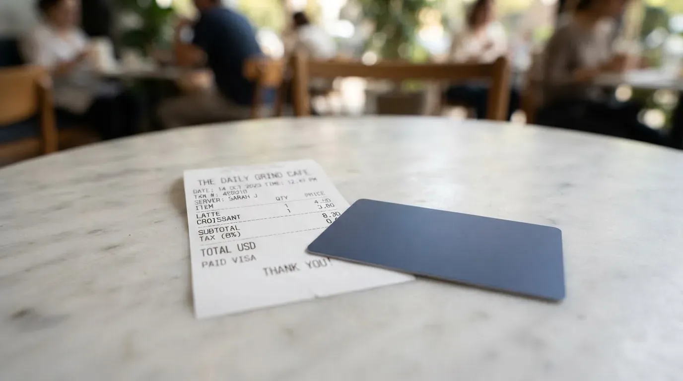 A receipt and a card on a café table