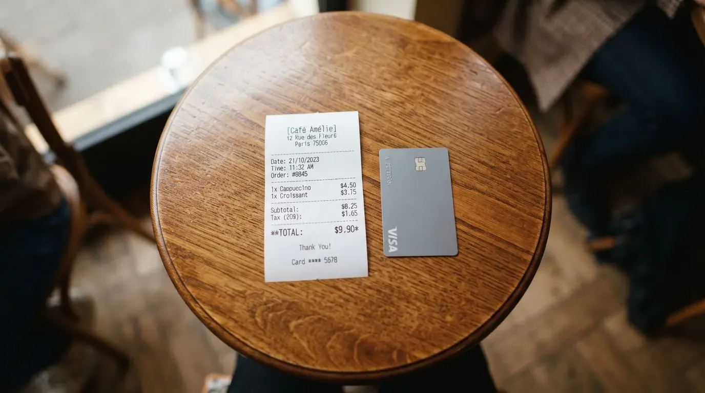 A receipt and a card on a café table