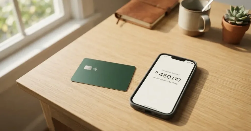 A payment card next to a phone with a crypto wallet app open