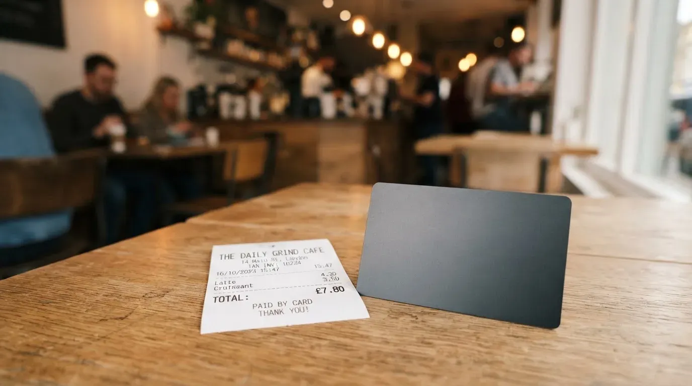 A receipt and a card on a café table