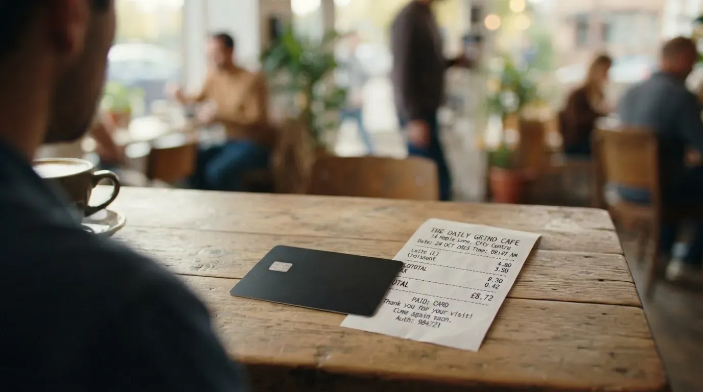 A receipt and a card on a café table