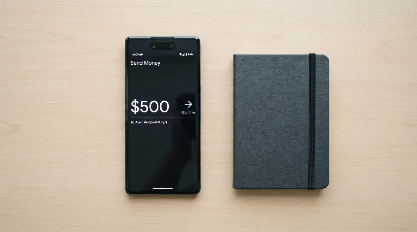 A phone showing a stablecoin transfer screen