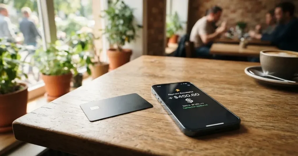 A payment card next to a phone with a crypto wallet app open