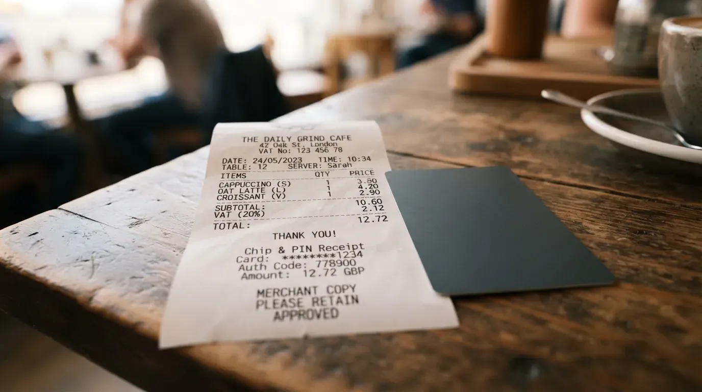 A receipt and a card on a café table