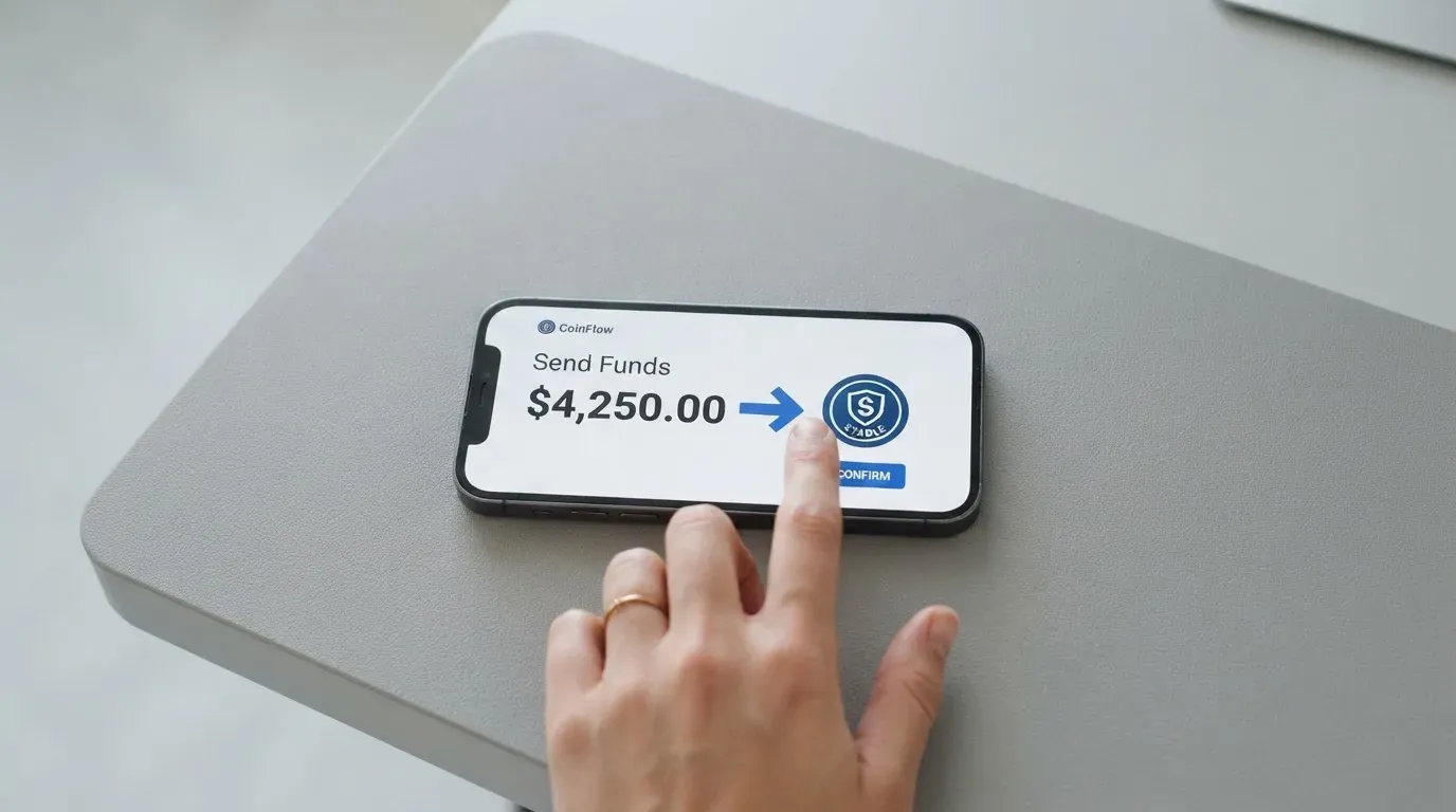 A phone showing a stablecoin transfer screen