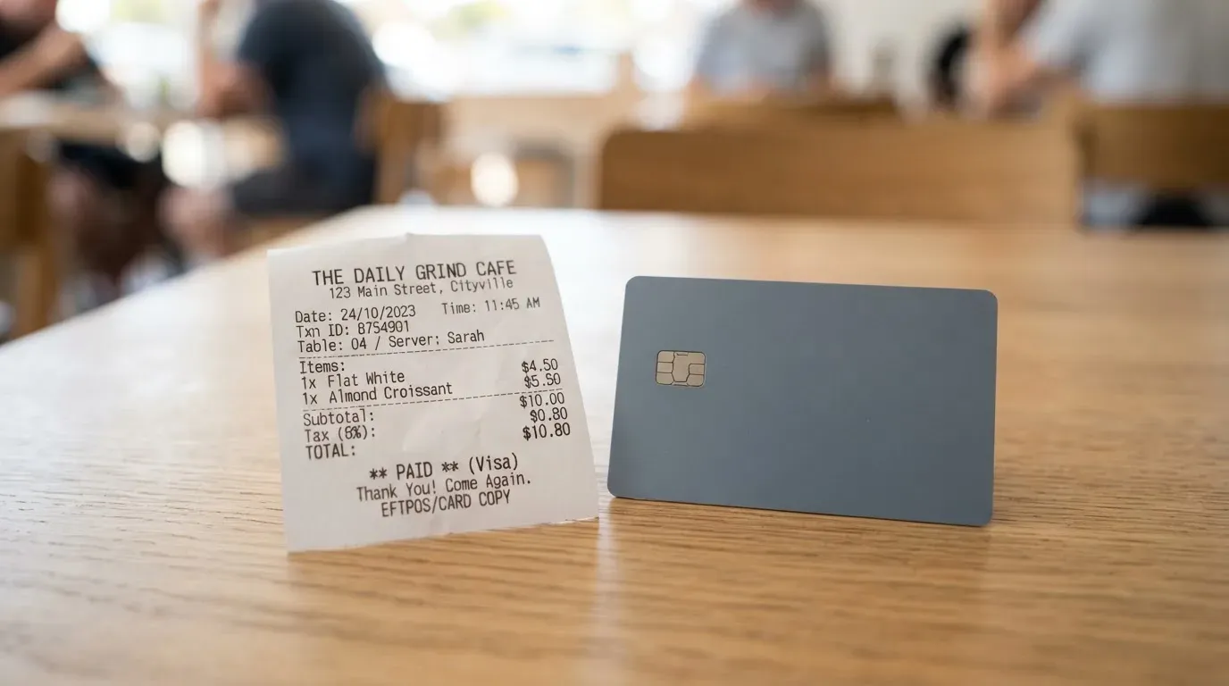 A receipt and a card on a café table