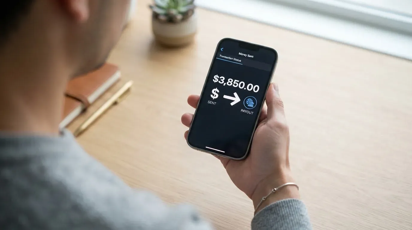 A phone showing a stablecoin transfer screen