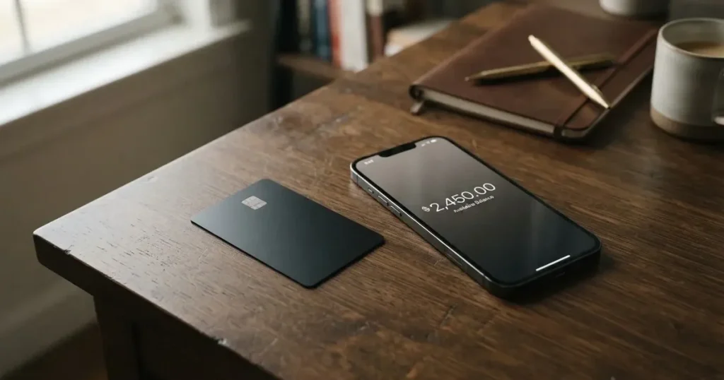 A payment card next to a phone with a crypto wallet app open