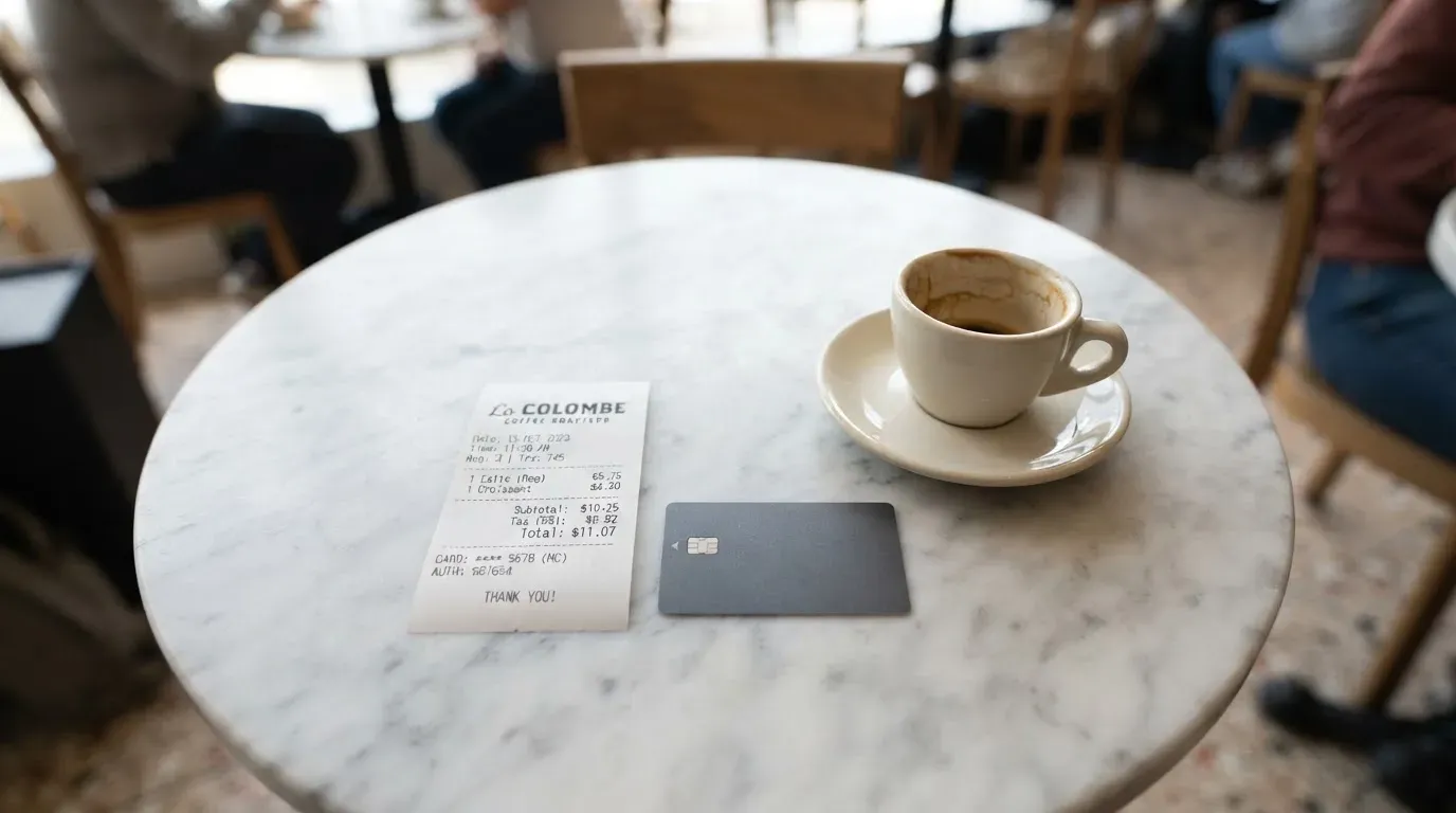 A receipt and a card on a café table