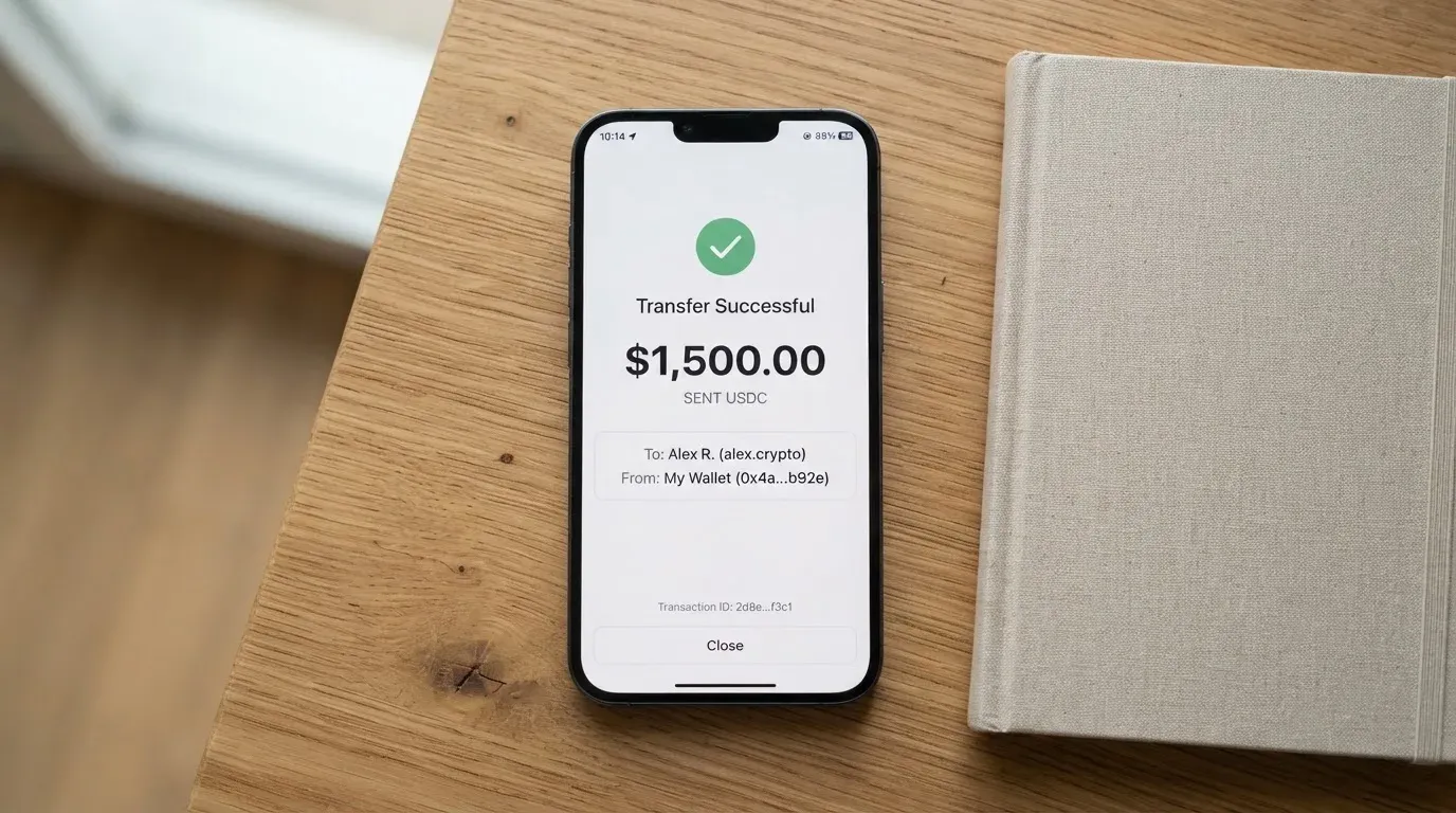 A phone showing a stablecoin transfer screen
