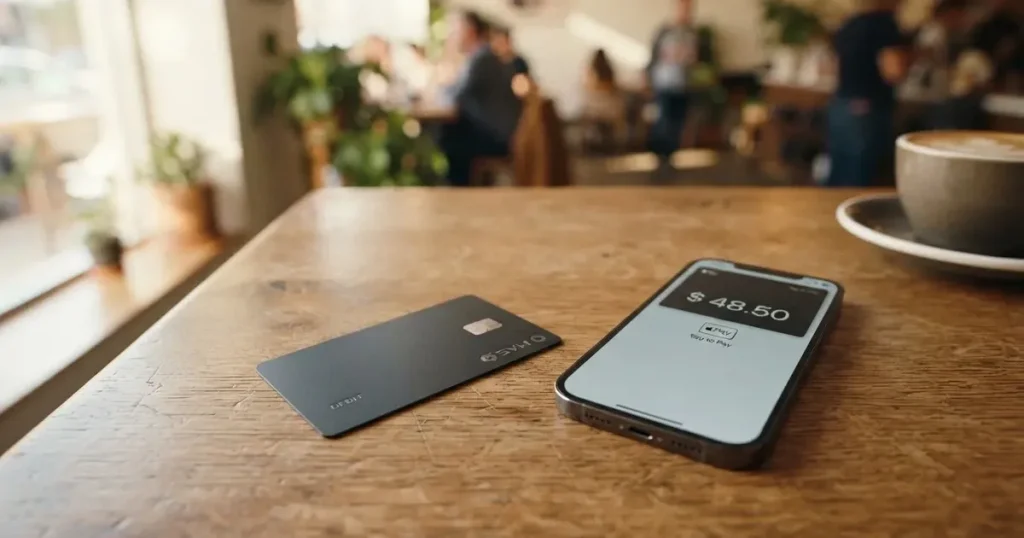 A payment card next to a phone with a crypto wallet app open