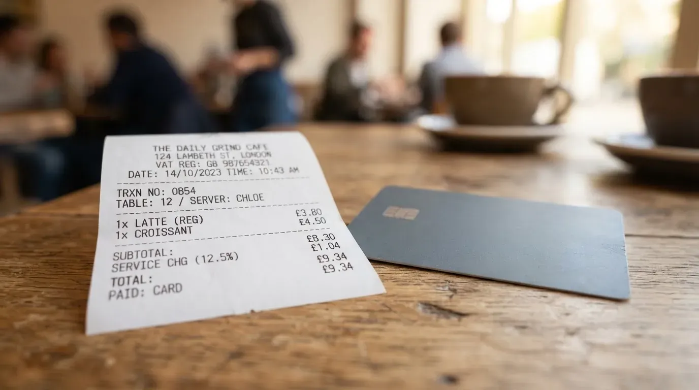 A receipt and a card on a café table