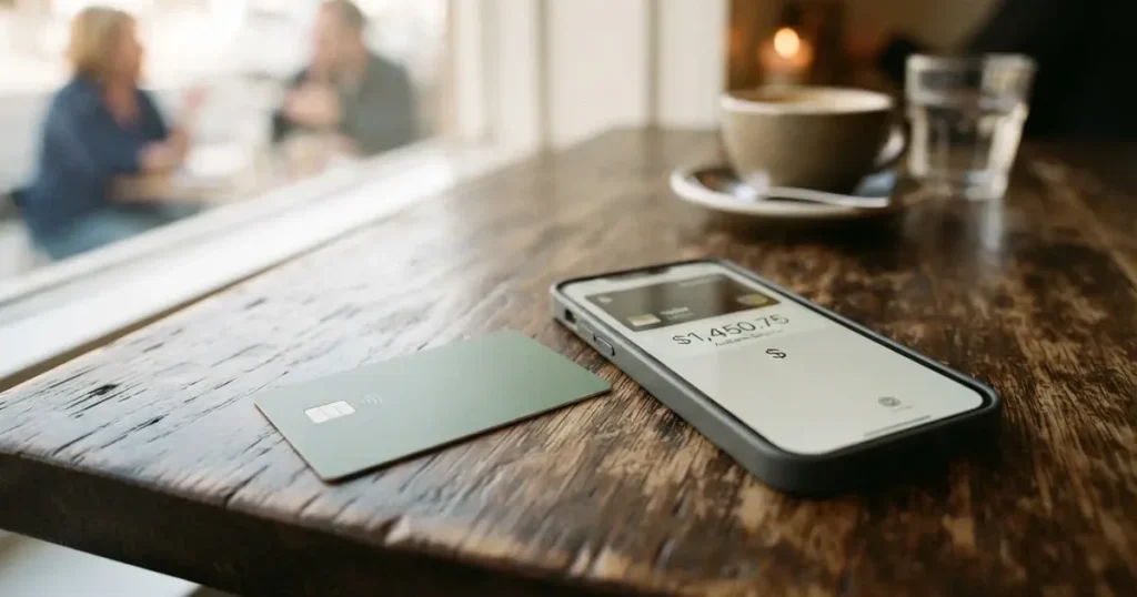 A payment card next to a phone with a crypto wallet app open
