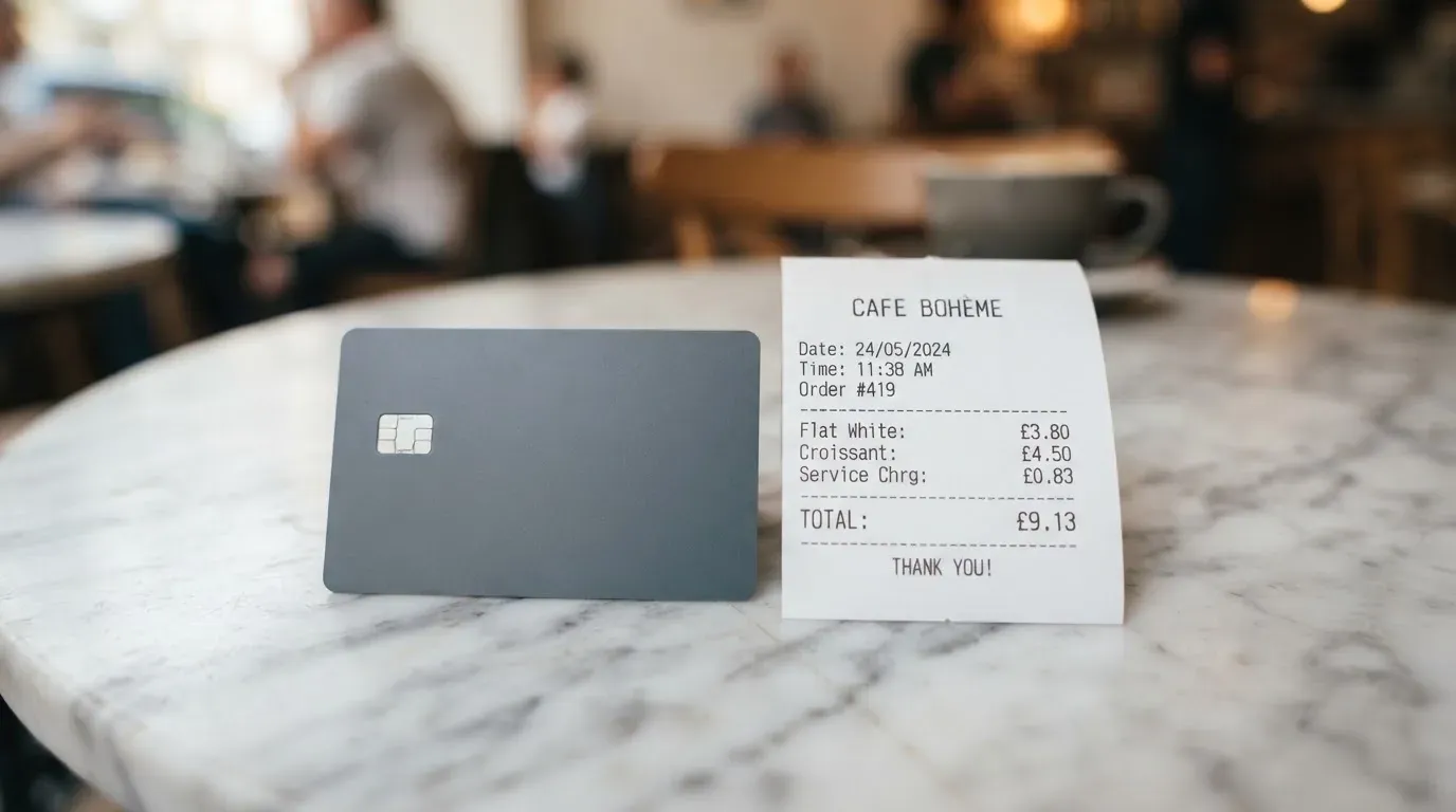 A receipt and a card on a café table