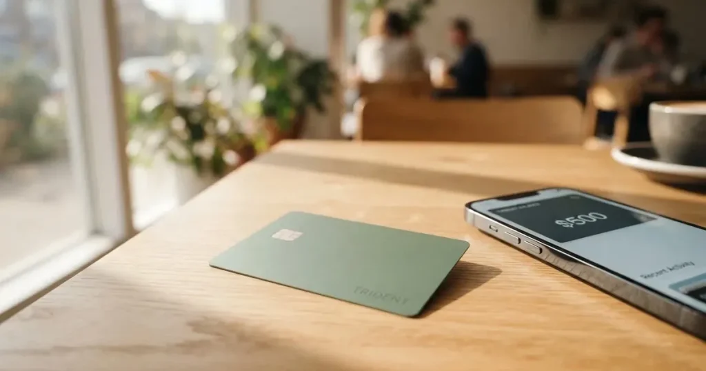 A payment card next to a phone with a crypto wallet app open