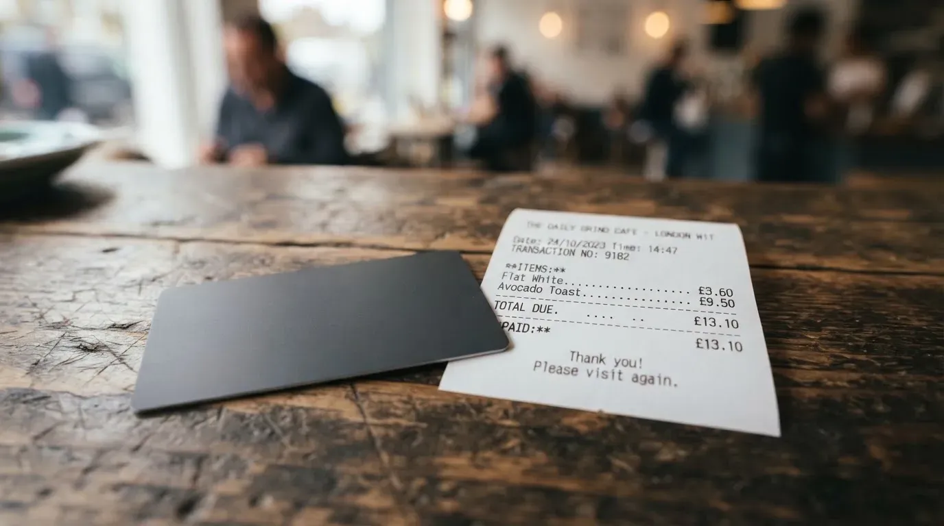 A receipt and a card on a café table