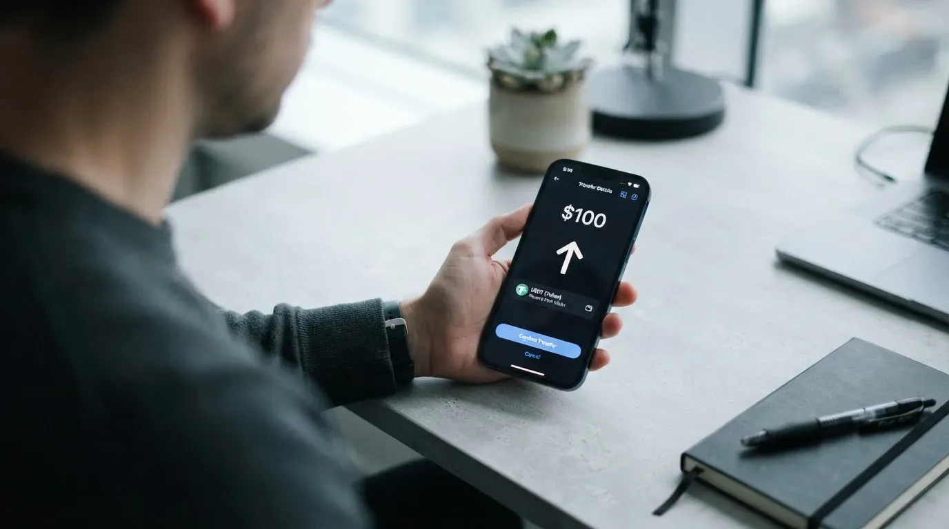 A phone showing a stablecoin transfer screen