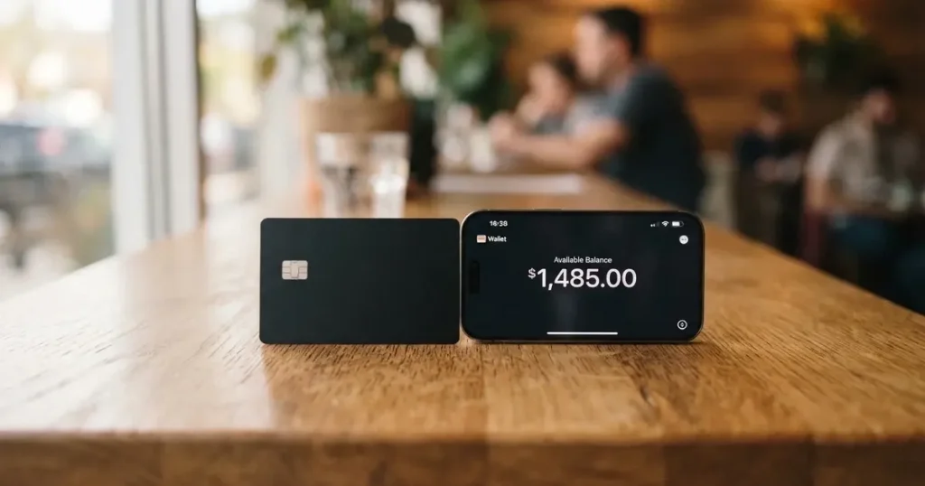 A payment card next to a phone with a crypto wallet app open