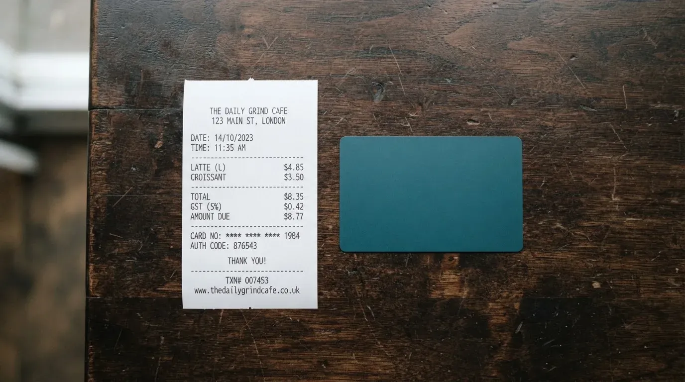 A receipt and a card on a café table