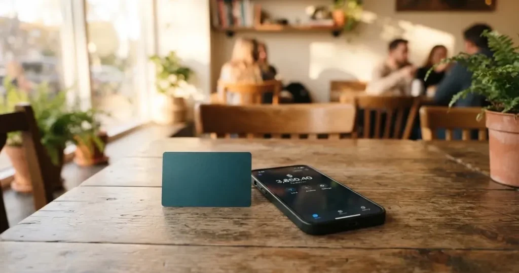 A payment card next to a phone with a crypto wallet app open