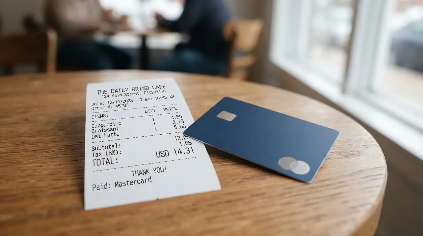 A receipt and a card on a café table