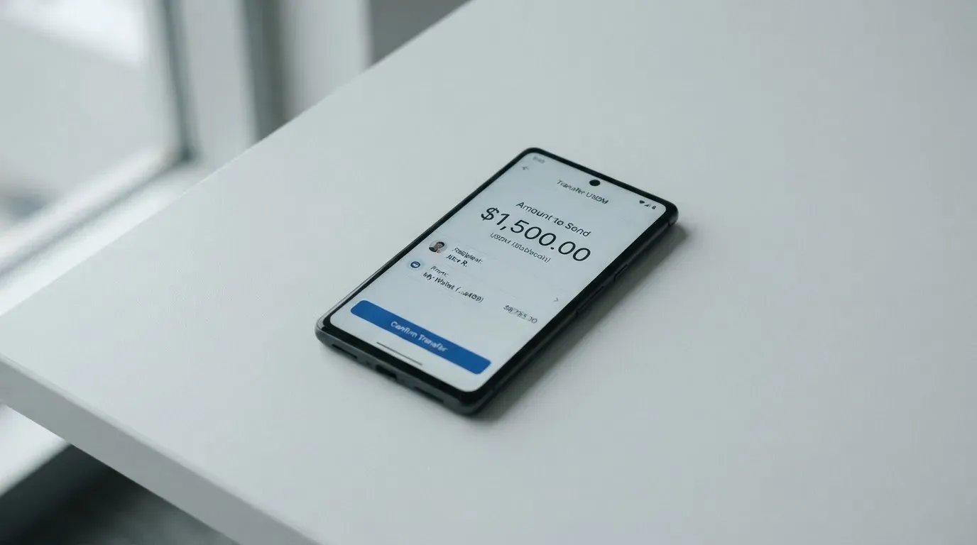 A phone showing a stablecoin transfer screen