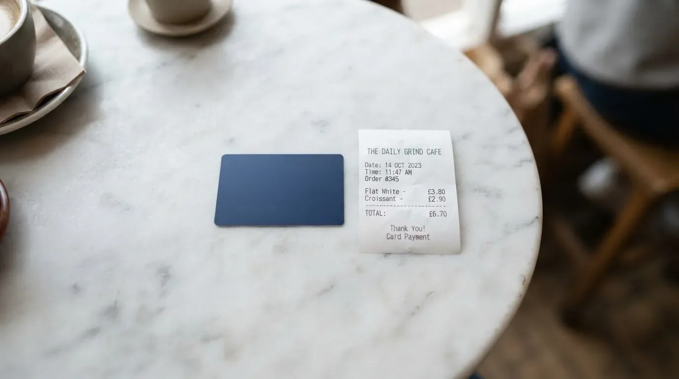 A receipt and a card on a café table