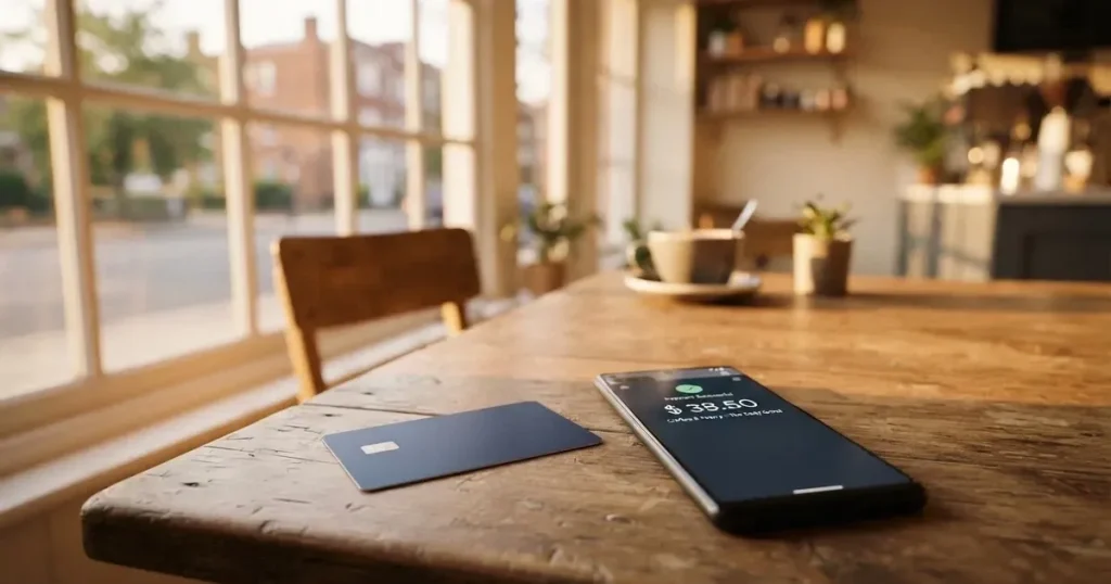 A payment card next to a phone with a crypto wallet app open