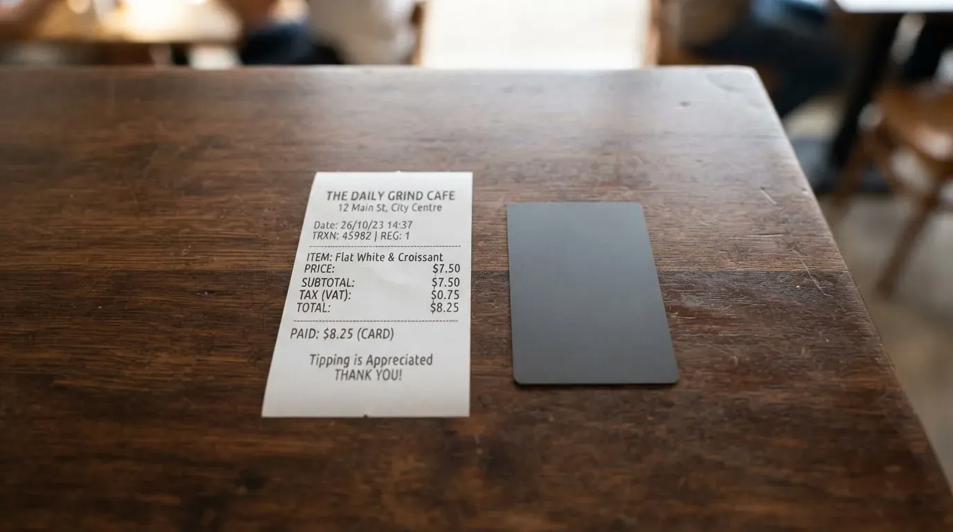 A receipt and a card on a café table