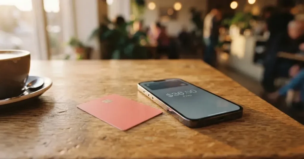 A payment card next to a phone with a crypto wallet app open