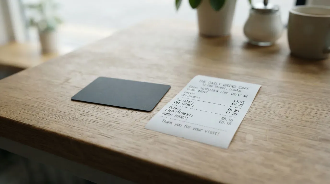 A receipt and a card on a café table