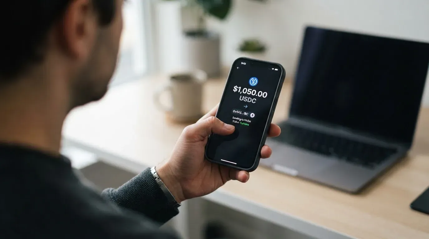 A phone showing a stablecoin transfer screen