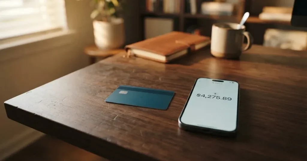 A payment card next to a phone with a crypto wallet app open