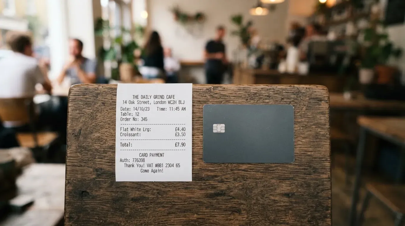 A receipt and a card on a café table