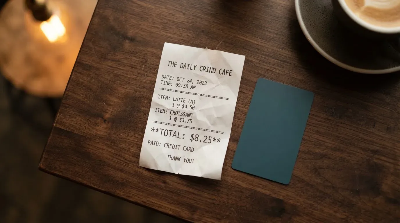 A receipt and a card on a café table