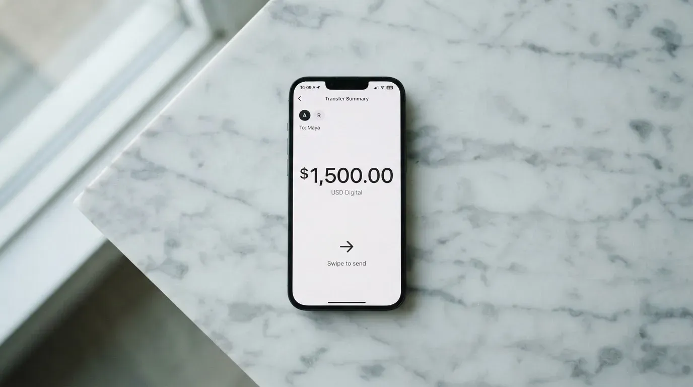 A phone showing a stablecoin transfer screen