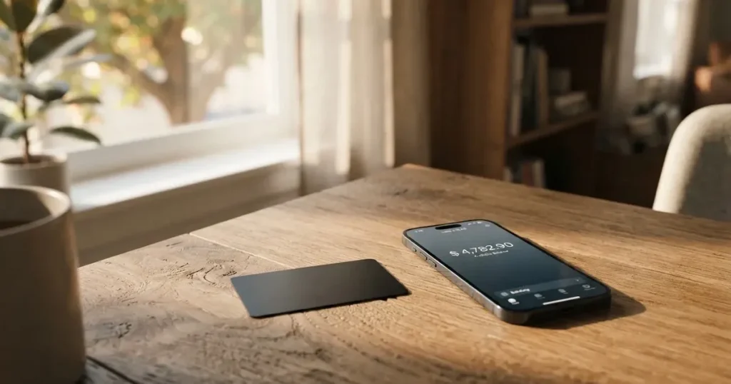 A payment card next to a phone with a crypto wallet app open