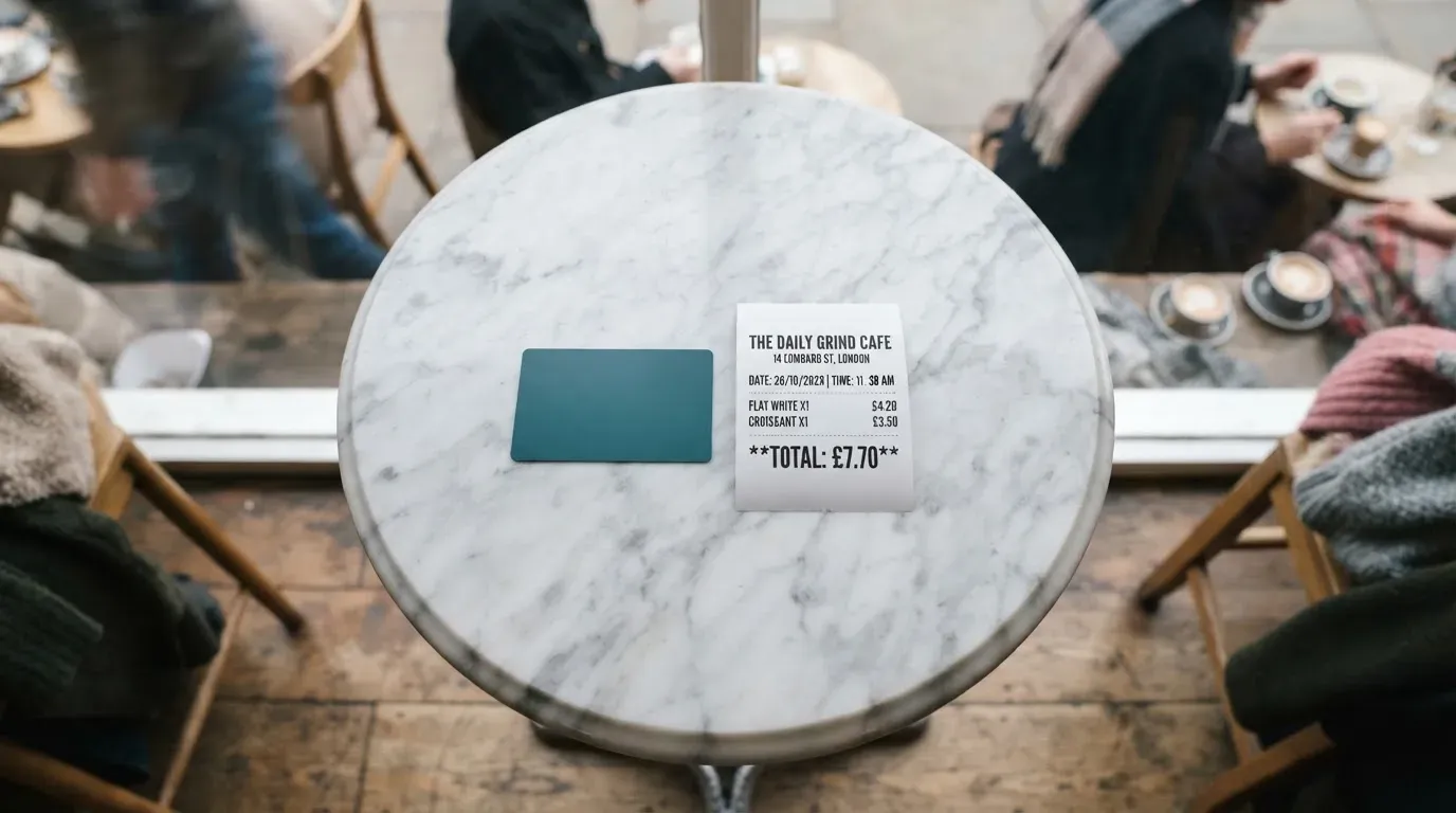 A receipt and a card on a café table