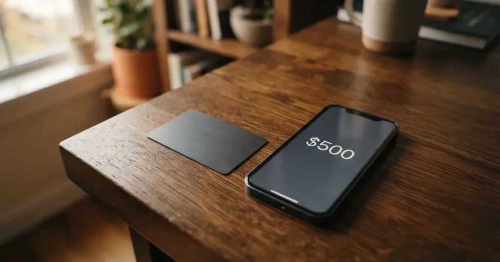 A payment card next to a phone with a crypto wallet app open