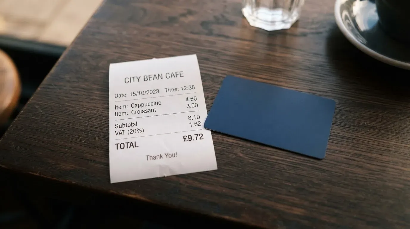 A receipt and a card on a café table