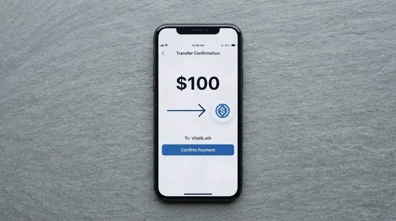 A phone showing a stablecoin transfer screen