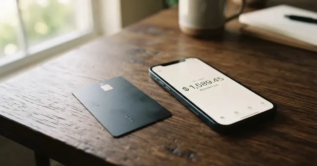 A payment card next to a phone with a crypto wallet app open