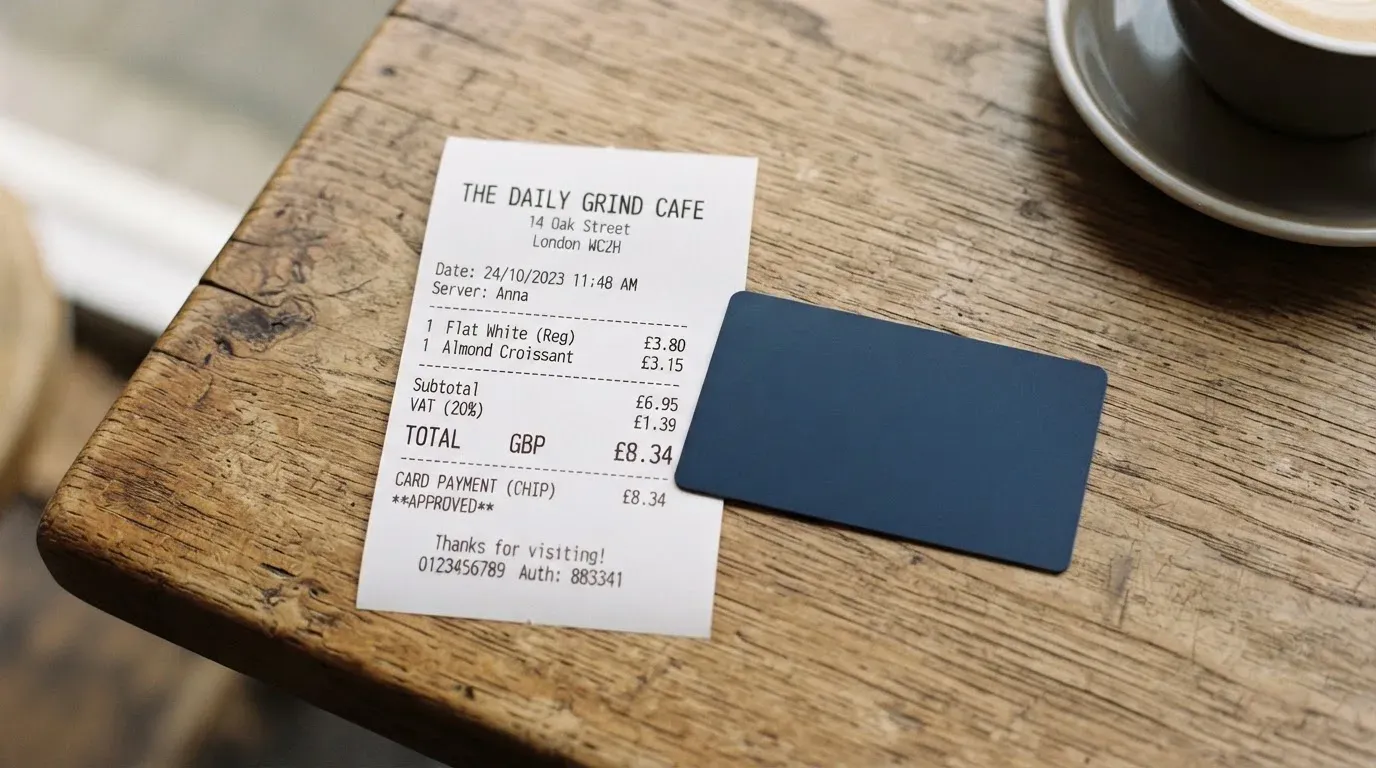 A receipt and a card on a café table