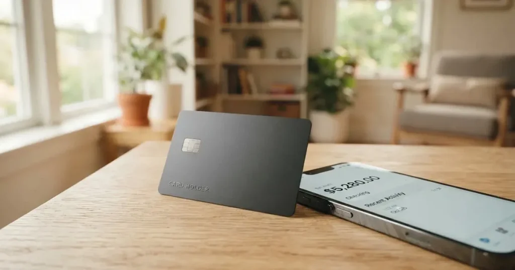 A payment card next to a phone with a crypto wallet app open