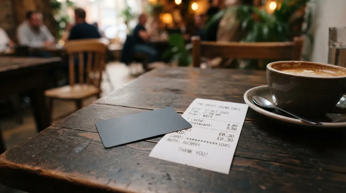 A receipt and a card on a café table